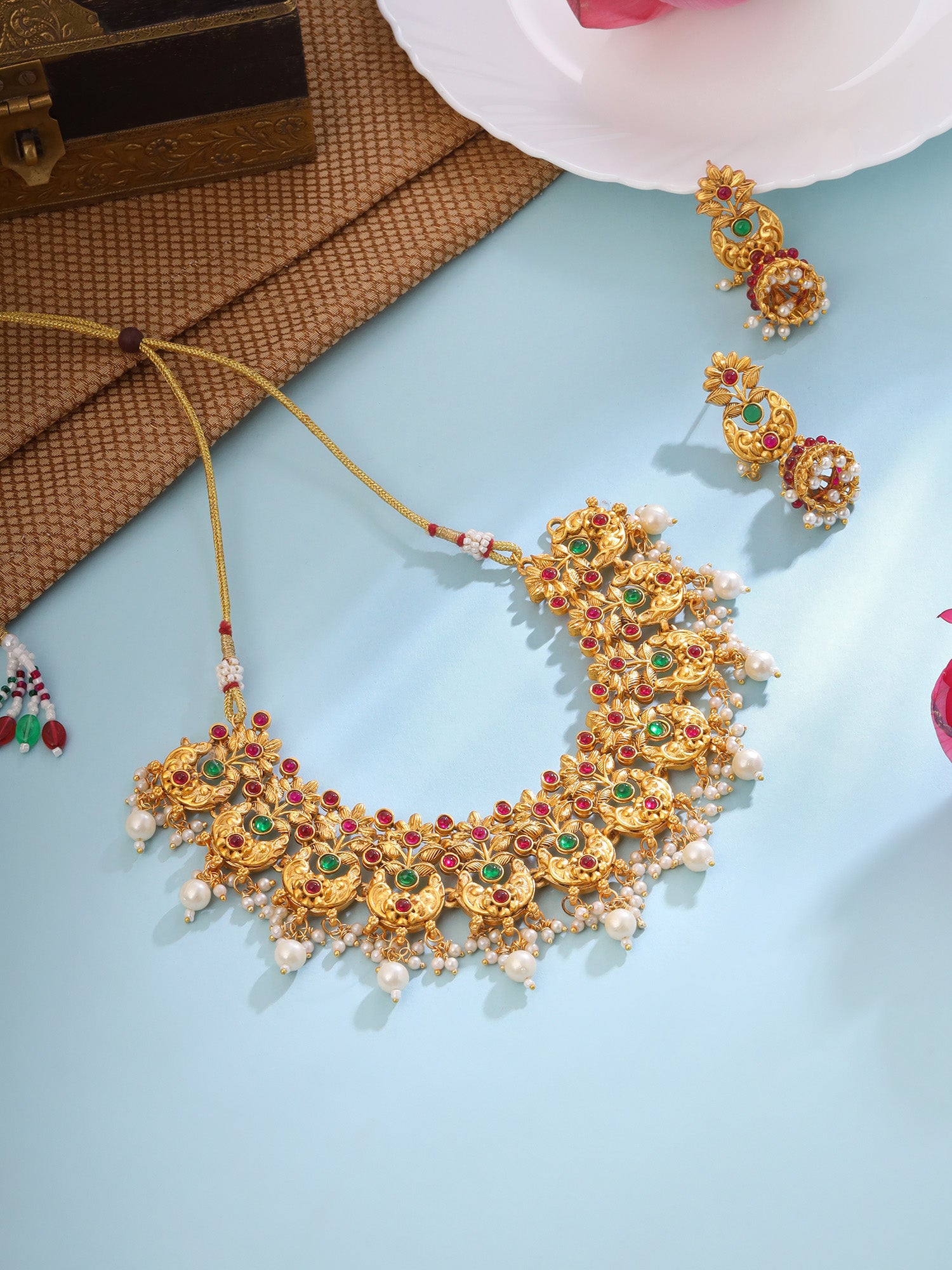 Yellow Chimes Jewellery Set For Women Gold Plated Pink and Green