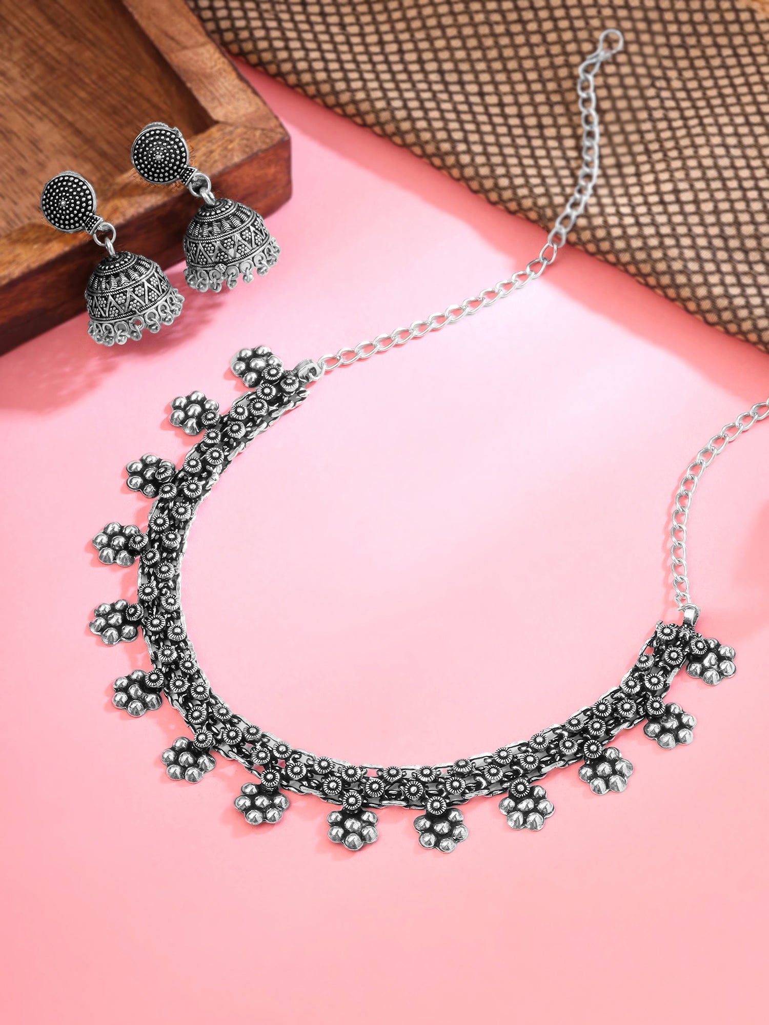 Yellow Chimes Ethnic German Silver Oxidised Choker Necklace Set