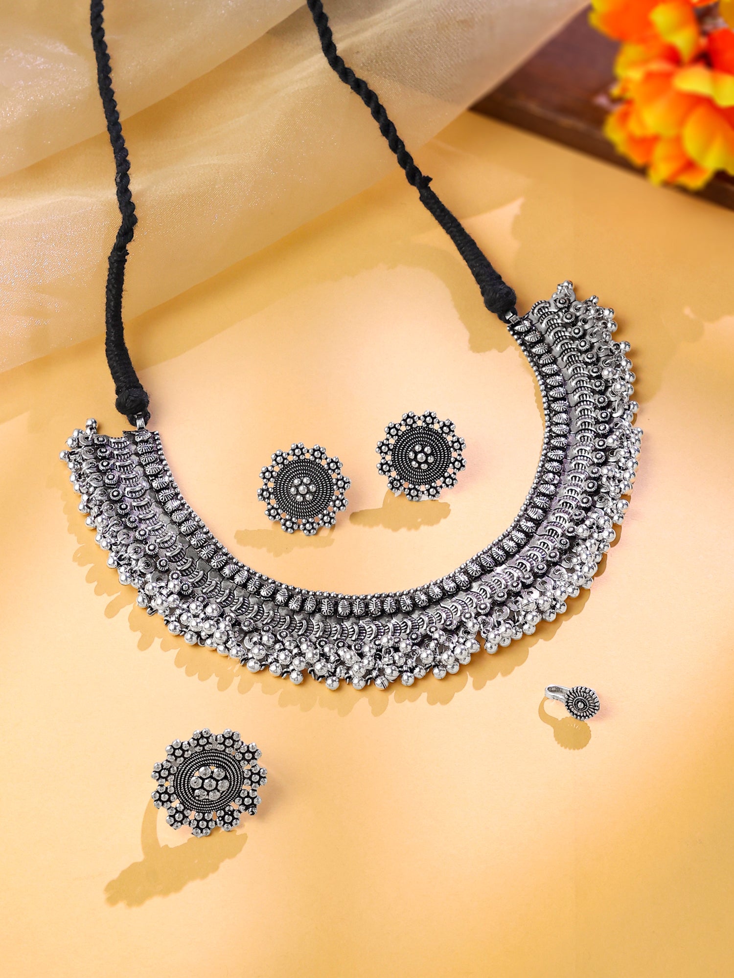 Yellow Chimes Jewellery Set for Women and Girls Traditional Silver Oxidised Jewellery Set Black Choker Set Threaded Choker Necklace Set for Women