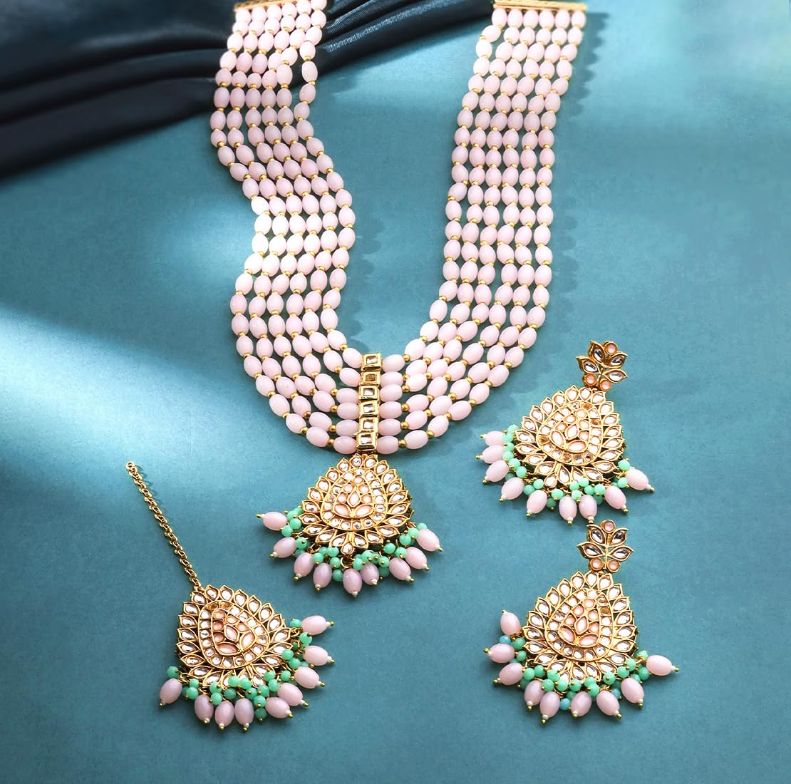 Yellow Chimes Jewellery Set For Women Multilayered Pink Beads Necklace Set Traditional Gold Plated Long Necklace Set I Ethnic Kundan Beads Birthday