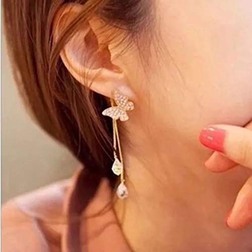 Yellow Chimes A Grade Crystal Needle Long Hanging Butterfly's Gold Plated Dangler Earrings for Women and Girls (Long Tassel Crystal Butterfly)