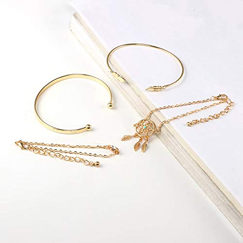 Yellow Chimes Combo of 4 Pcs/Set Boho Leaf Design Crystal Chain Vintage Dream Catcher Gold Plated Cuff Bracelet for Women and Girl's