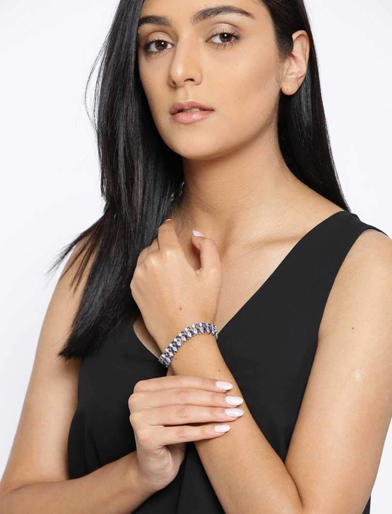 Yellow Chimes Stylish Double Strand Tennis Rhodium Plated Bracelet for Women and Girls (Dark Blue)