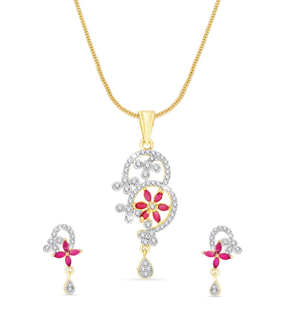 Yellow Chimes Elegant Pink AD/American Diamond Studded Gold Plated Designer Floral Charm Pendant Set with Earrings for Women & Girls
