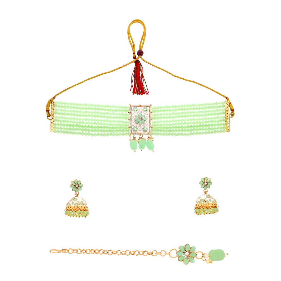 Yellow Chimes Jewellery Set for Women | Traditional Green Beads Choker Necklace Set Gold Plated Choker Set for Girls Meenakari Worked Necklace Set Birthday Gift for Girls & Women
