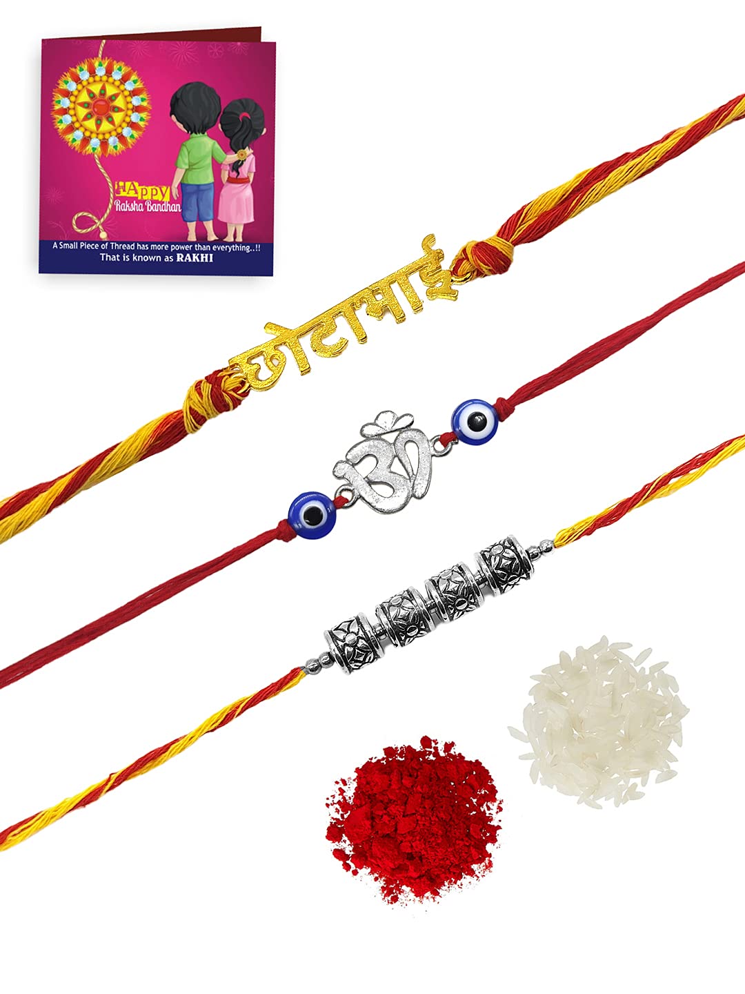 Yellow Chimes Combo of 3 Pcs Handmade Dori Worked Gold and Silver Toned OM Design Evil Eye Beads Chota Bhai Engraved Rakhi for Brother with Roli & Chawal, Red, Silver, Gold, Medium For Men