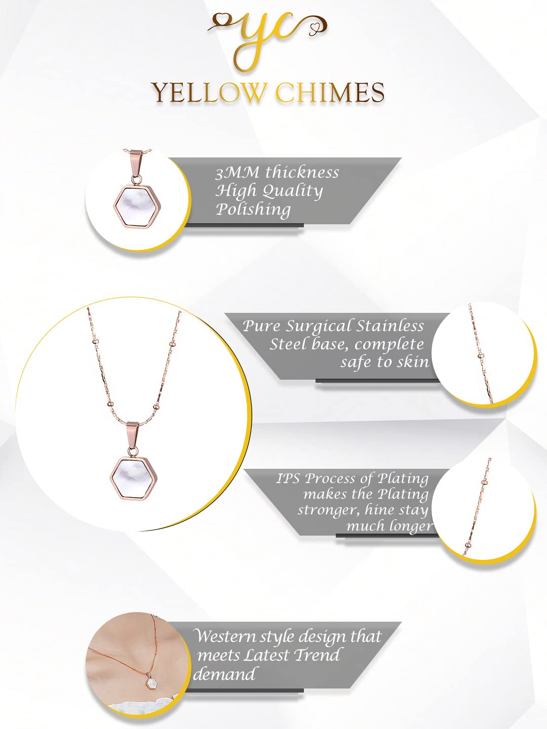 Yellow Chimes Chian Pendant for Women Rose Gold-Plated Stainless Steel White Charm Chain Pendant Necklace For Women and Girls