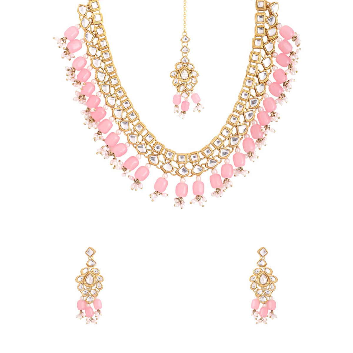 Yellow Chimes Jewellery Set for Women and Girls Kundan Necklace Set Gold Plated Kundan Studded Pink Beads Drop Necklace Set | Birthday Gift for girls and women Anniversary Gift for Wife