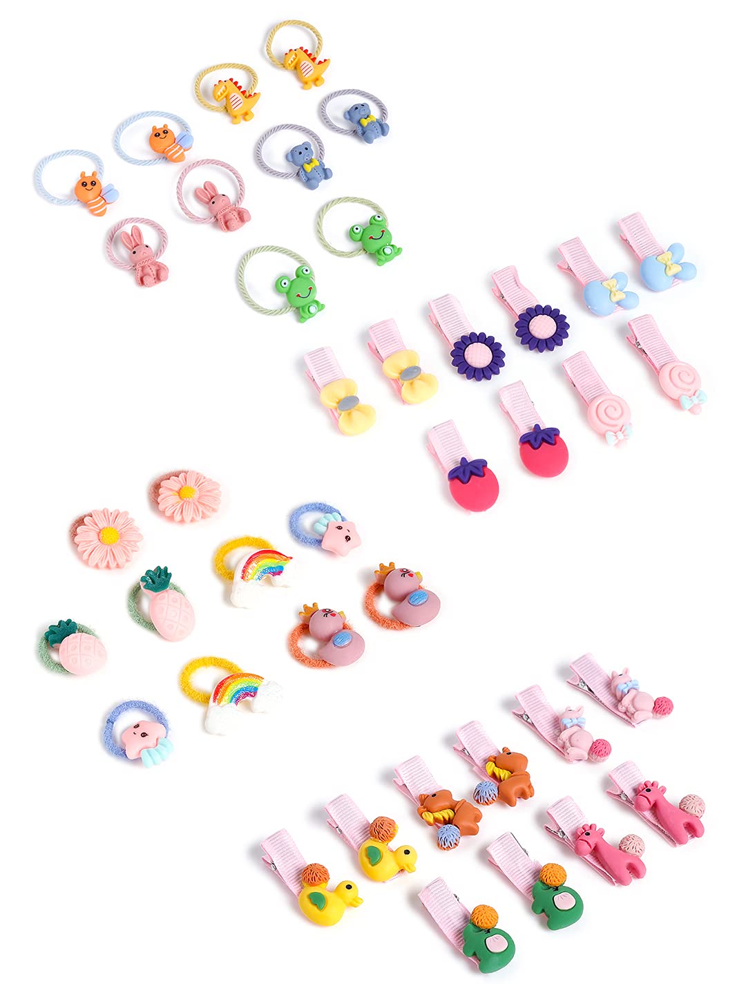 Melbees by Yellow Chimes Hair Clips for Girls 20 PCS Hairclips Set 10 Pairs Rubber Bands Ponytail Holder Cute Characters Rubber Bands for Kids and Girls Hair Accessories.