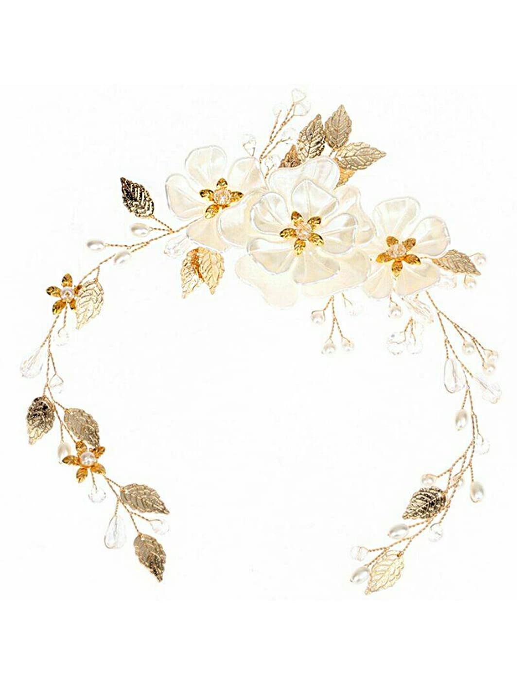 Yellow Chimes Bridal Hair Vine for Women and Girls Bridal Hair Accessories for Wedding Golden Headband Hair Accessories Wedding Jewellery for Women Floral White Bridal Wedding Head band Hair Vine for Girls Headpiece