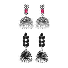 Kairangi Oxidised Earrings for Women 2 Pairs Silver Oxidised Black Pink Traditional Jhumka Earrings combo for Women and Girls.