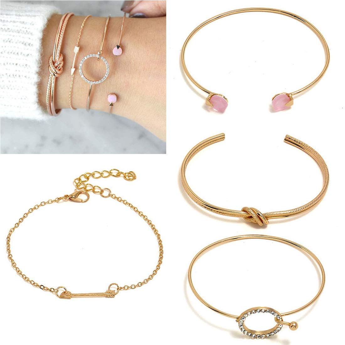 Yellow Chimes Combo of 4 Pcs Multilayer Crystal Round Arrow Knot Gold Plated Cuff Bracelet for Women and Girl's
