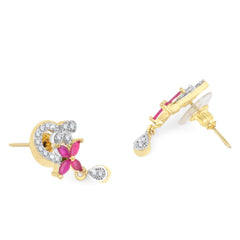 Yellow Chimes Elegant Pink AD/American Diamond Studded Gold Plated Designer Floral Charm Pendant Set with Earrings for Women & Girls