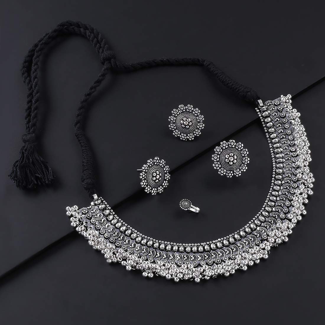 Yellow Chimes German Silver Oxidised Jewellery Set Traditional Threaded Choker Necklace Set for Women and Girls