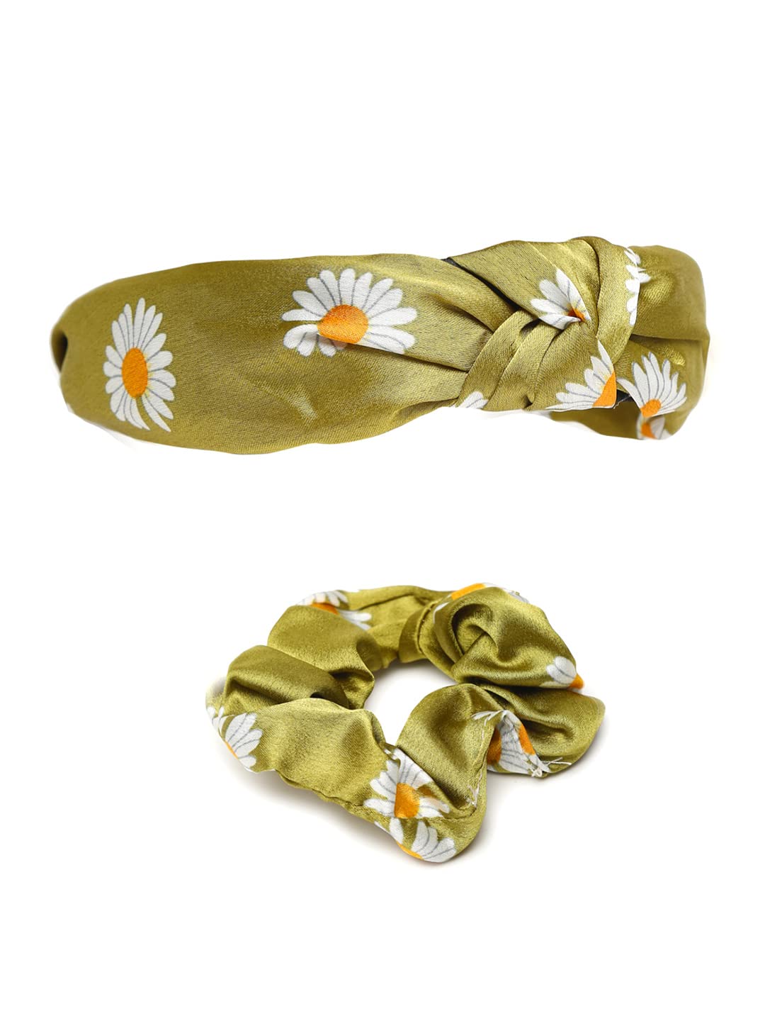 Yellow Chimes Hair Band for Girls Women Hair Accessories for Girls 2 Pcs Hairband & Scrunchies Set For Women Floral Printed 2 Pcs Satin Scrunchies Head Bands for Girls Hair Ties Head Band for Girls Gift For Women & Girls