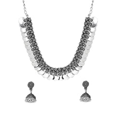 Yellow Chimes Jewellery Set for Women and Girls Traditional Silver Oxidised Jewellery Set Silver Choker Set | Afghani Style Coin Choker Necklace Set for Women | Birthday Gift For Girls and Women Anniversary Gift for Wife