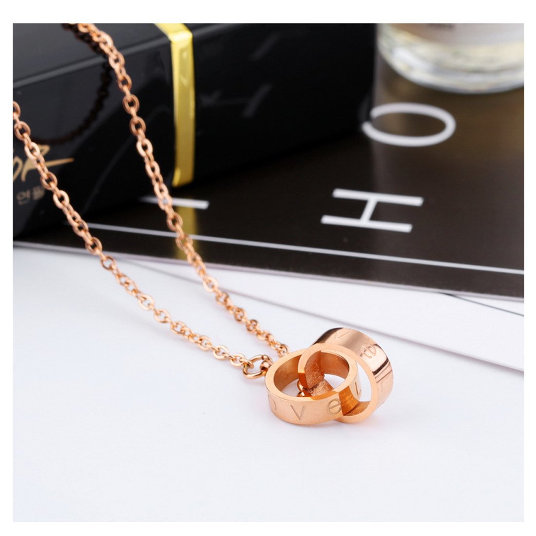 Yellow Chimes Western Fate Love Dual Ring Style Rose Gold Stainless Steel Never Fading Pendant for Women & Girls
