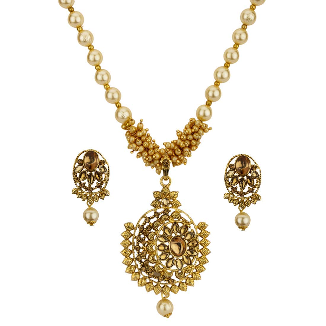Yellow Chimes Exclusive Traditional Pearl Stud Kundan Floral Design Necklace with Earrings for Women