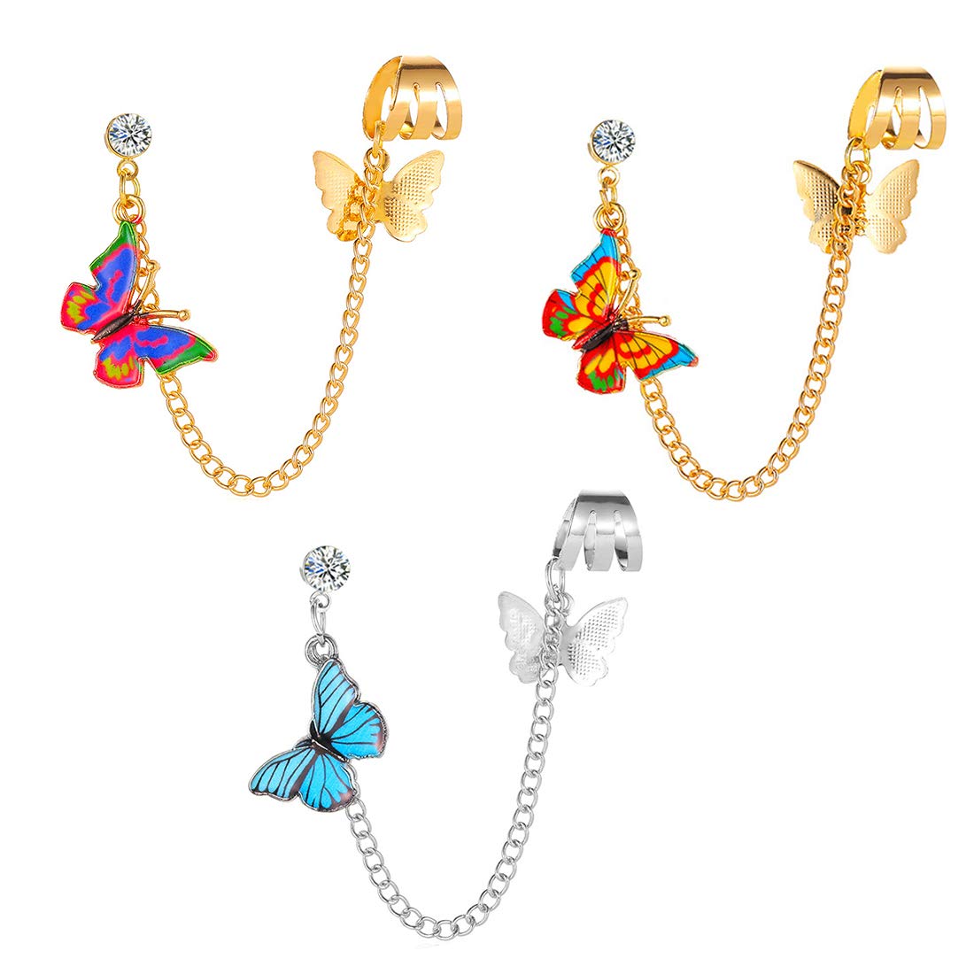 Yellow Chimes Ear Cuffs for Women Combo of 3 PCs Multicolour Ear Cuff Earrings with Butterfly Charm Hanging Single Piece Drop Earrings for Women and Girls,