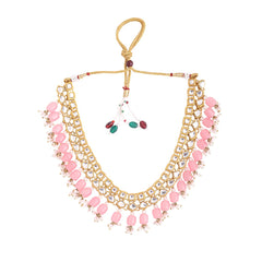 Yellow Chimes Jewellery Set for Women and Girls Kundan Necklace Set Gold Plated Kundan Studded Pink Beads Drop Necklace Set | Birthday Gift for girls and women Anniversary Gift for Wife