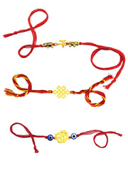 Yellow Chimes Combo of 3 Pcs Handmade Dori Worked Gold Toned OM Initial Letter N and Celtic Design Evil Eye Beads Rakhi for Brother with Roli & Chawal, Red, Gold, Medium (YCTJRK-27BHAY-GL)