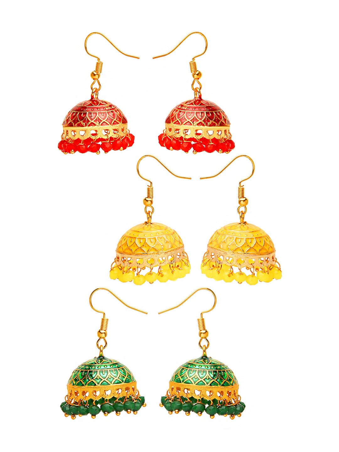 Yellow Chimes Meenakari Jhumka Earrings with Ethnic Design Gold Plated Traditional Beads Combo of 3 pair Jhumki Earrings for Women and Girls