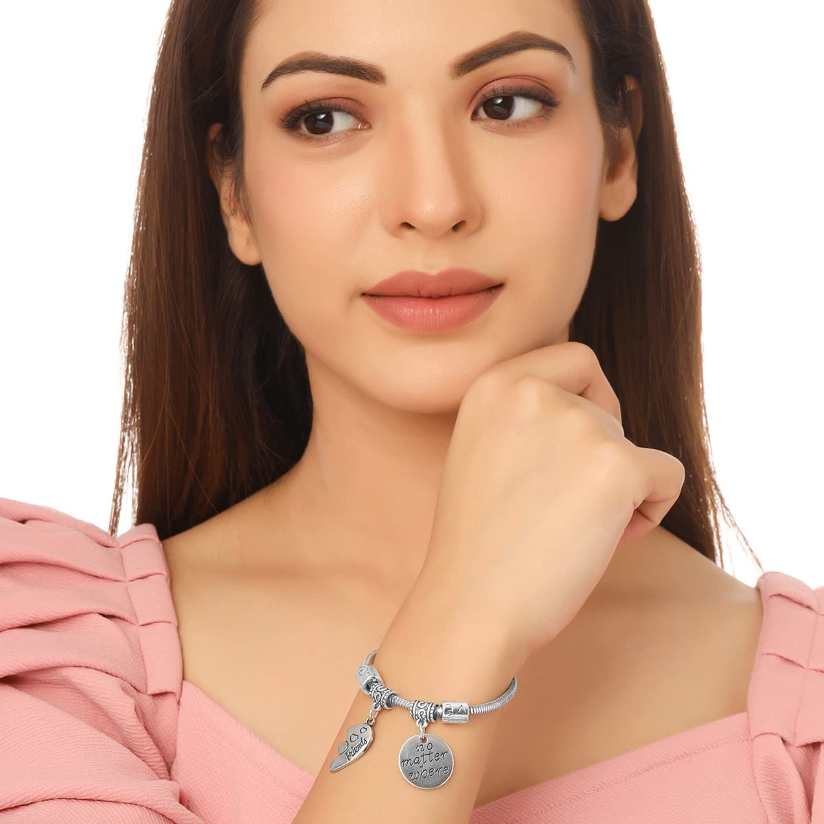 Yellow Chimes 4 PCs Combo Best Friends Forever Silver Plated Heart Charm Couple Bracelet Pendent for Girls and Boys (Unisex)