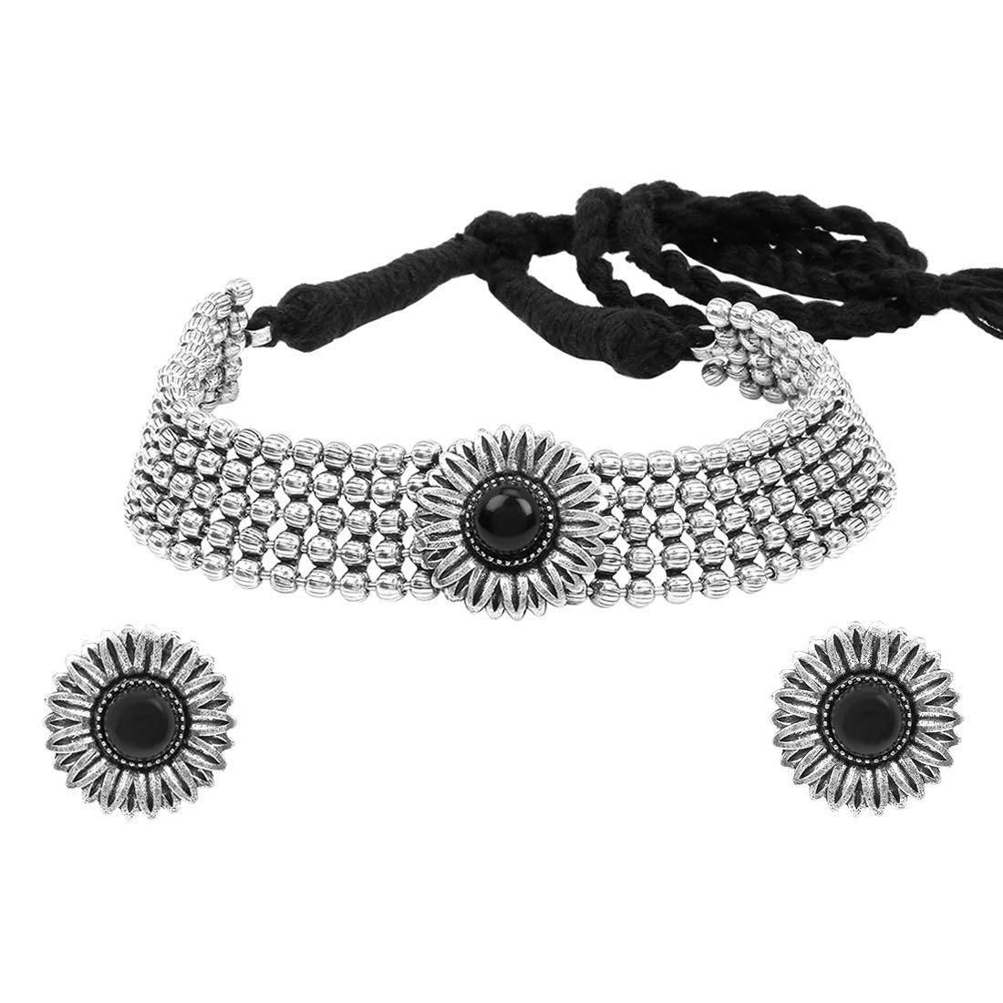 Yellow Chimes Classic German Silver Oxidised Jewellery Set Designer Floral Crafted Traditional Choker Necklace Set by Yellow Chimes Jewellery Set for Women (Oxidized Silver,black) (YCTJNS-OXDCIRCHK-BK)