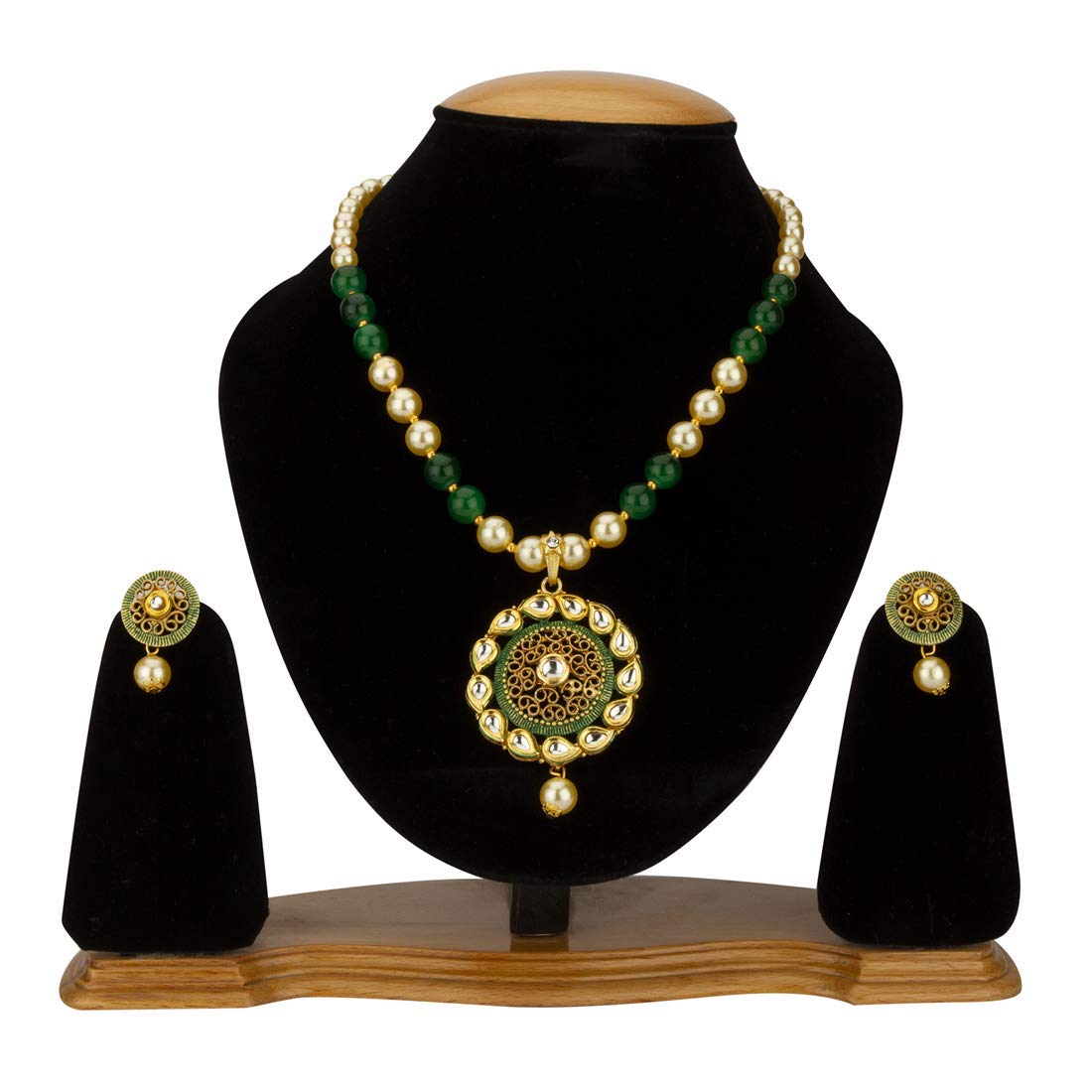 Yellow Chimes Latest Modern Pearl Kundan Traditional Adorable Necklace With Stud Drop Earrings For Women (Green)