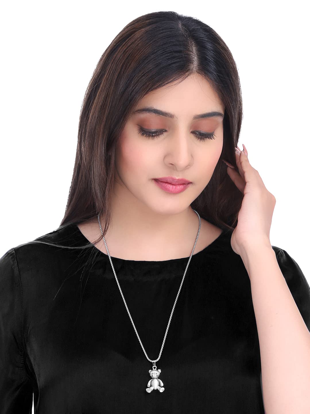 Yellow Chimes Pendant For Women | Silver Teddy Pendant Charm Necklace | Women Necklace Long Chains For Women Stylish Girls Gift Ideas | Cute Jewellery Necklace For Girl |