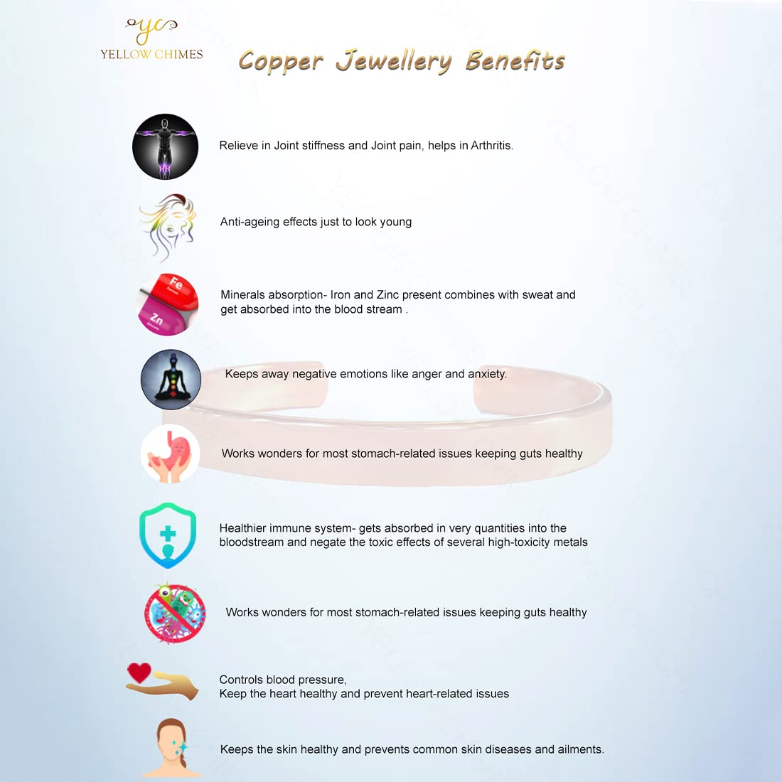 Yellow Chimes Copper Bracelet for Men Adjustable Wonderfully Hammered Pure Copper 2.10" Yoga Meditation Healing Peace Chakra Jewelry Bracelet for Women and Men.