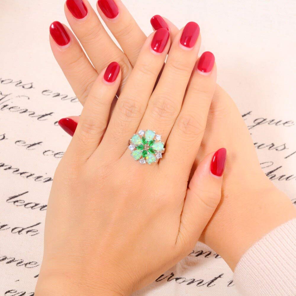 Yellow Chimes Elegant Floral Design Green Fire Opal Emerald Stone Cubic Zircon Rhodium Plated Ring for Women & Girls