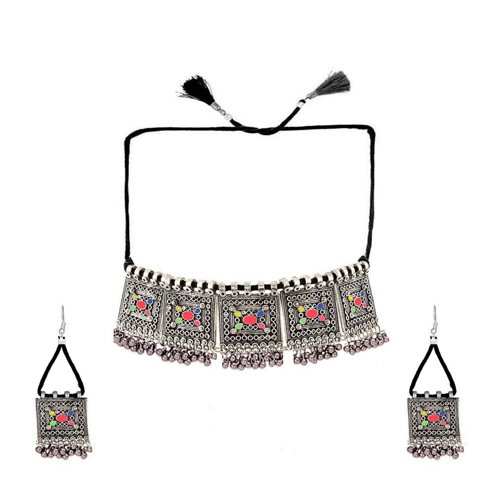 Yellow Chimes Oxidised Jewellery Set for Women Silver Oxidised Jewellery Set Afghani Style Ghungroo Threads Choker Necklace Set for Women and Girls.