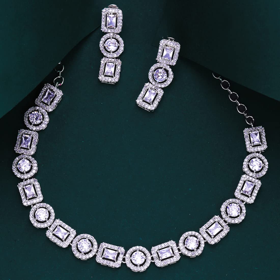 Yellow Chimes Traditional American Diamond Rhodium Rose Gold Plated AD Necklace Jewellery Set for Women