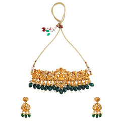 Yellow Chimes Jewellery Set for Women and Girls Temple Jewellery Set for Women | Gold Plated Green Beads Drop Choker Necklace Set | Birthday Gift for girls and women Anniversary Gift for Wife