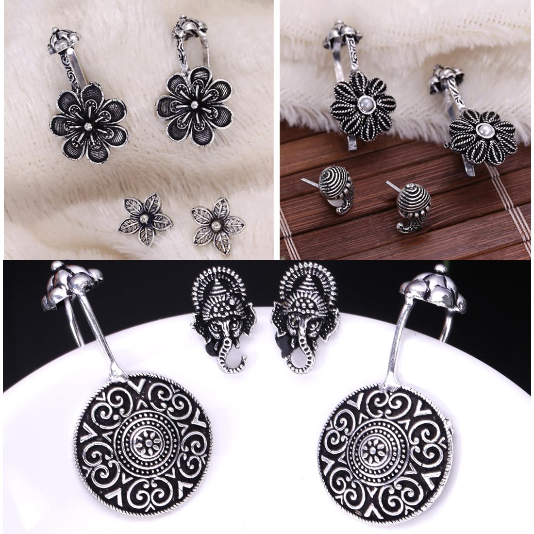 Kairangi Oxidised Ear Cuffs for Women Combo of Pairs Silver