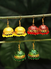 Yellow Chimes Meenakari Jhumka Earrings with Ethnic Design Gold Plated Traditional Beads Combo of 3 pair Jhumki Earrings for Women and Girls