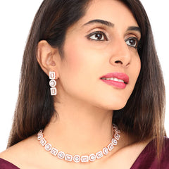 Yellow Chimes Classic AD/American Diamond Studded Rose Gold Plated Square Oval Designed Necklace Set Jewellery Set for Women and Girls, White, Medium (YCADNS-16OVLSQR-RG)