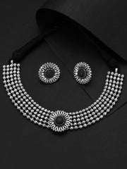 Yellow Chimes Classic German Silver Oxidised Jewellery Set Designer Floral Crafted Traditional Choker Necklace Set by Yellow Chimes Jewellery Set for Women (Oxidized Silver,black) (YCTJNS-OXDCIRCHK-BK)