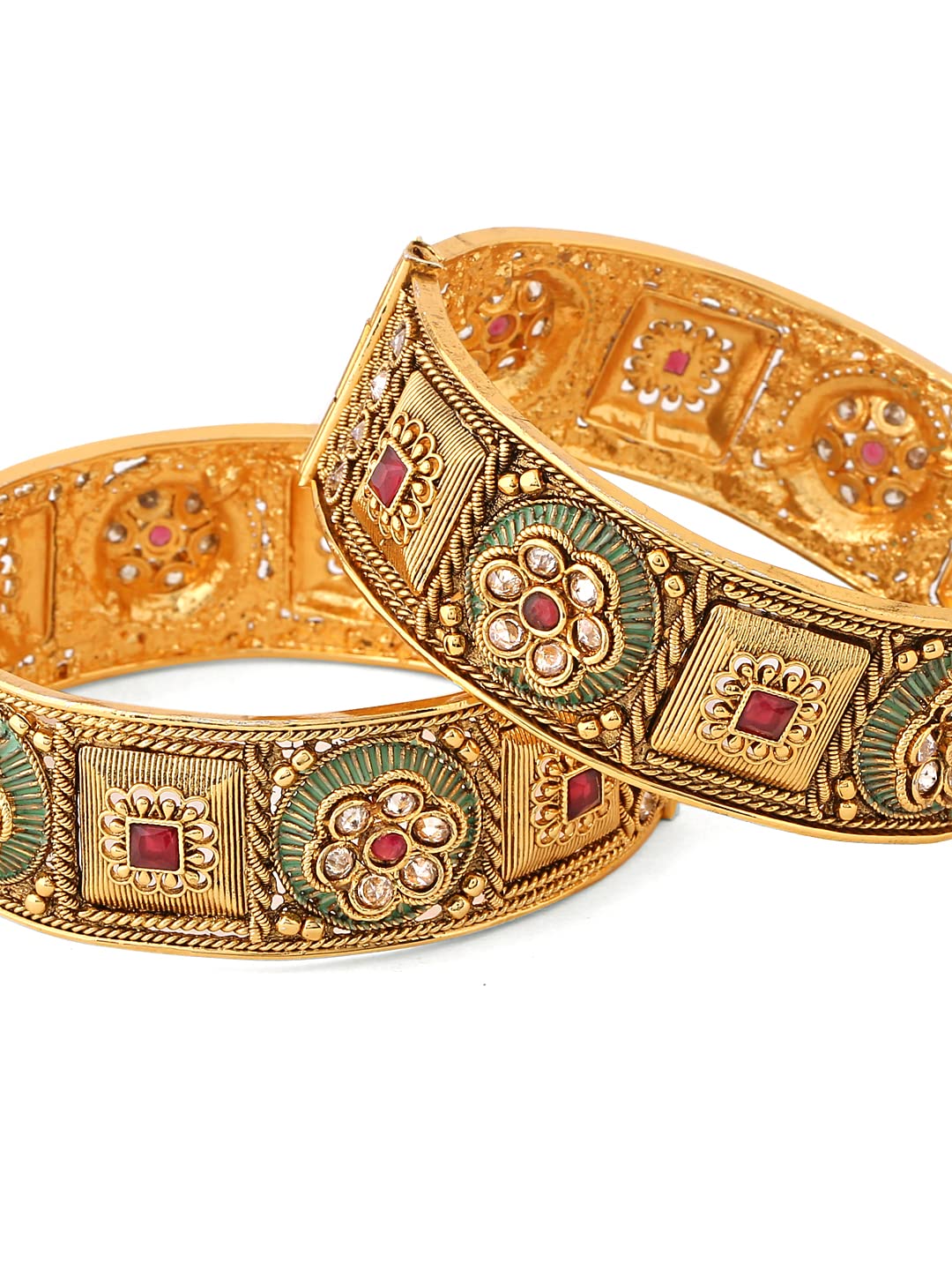 Yellow Chimes Bangles for Women Gold Toned Red Stone Studded Set of 2 Pcs Meenakari Touch Bangles for Women and Girls