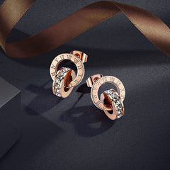 Kairangi Earrings for Women Western Rose Gold Plated Stainless Steel Roman Numericals Engraved Crystal Statement Drop Earrings for Women and Girls.