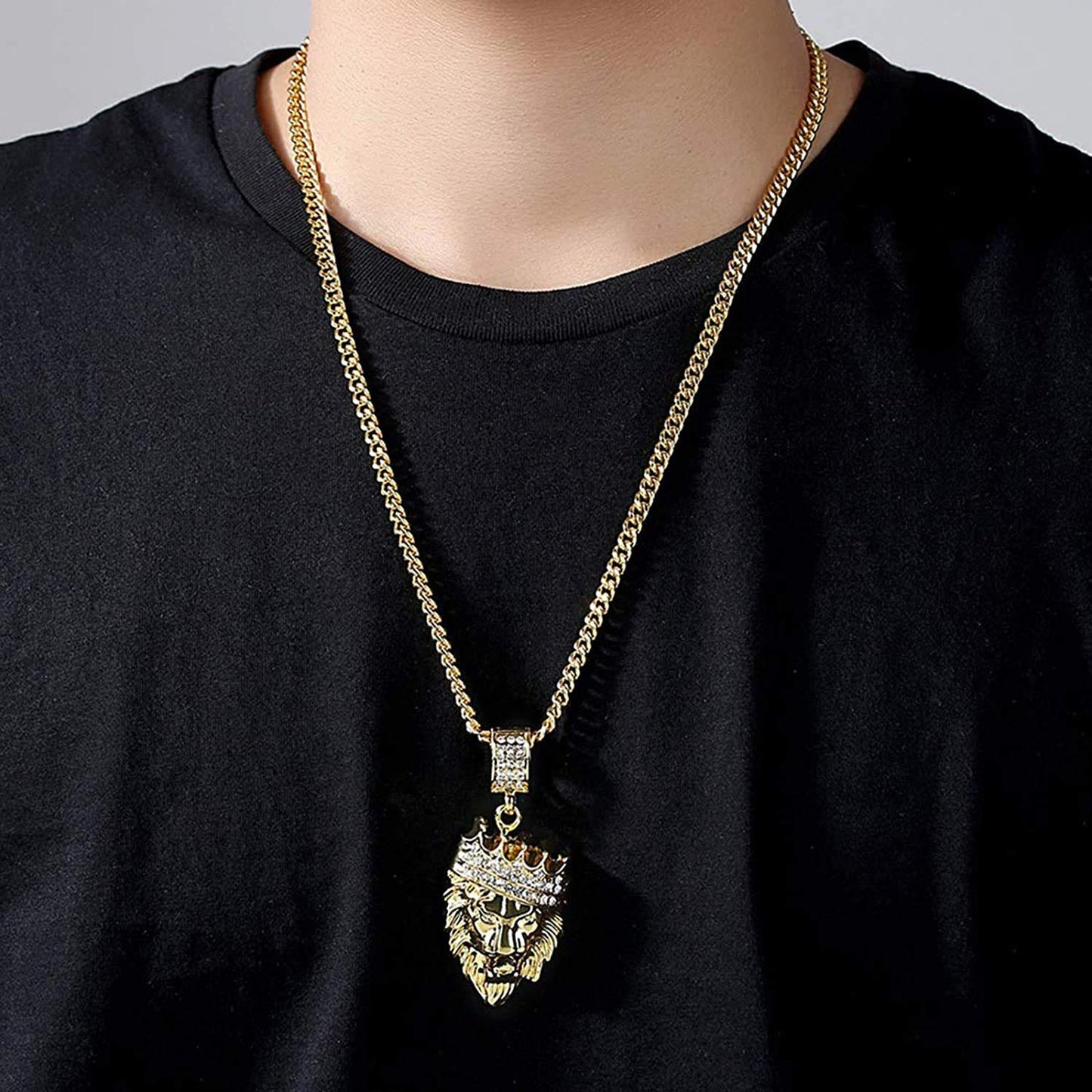 Yellow Chimes Stainless Steel Golden Lion Head Crown Crystal Pendant for Men and Boys