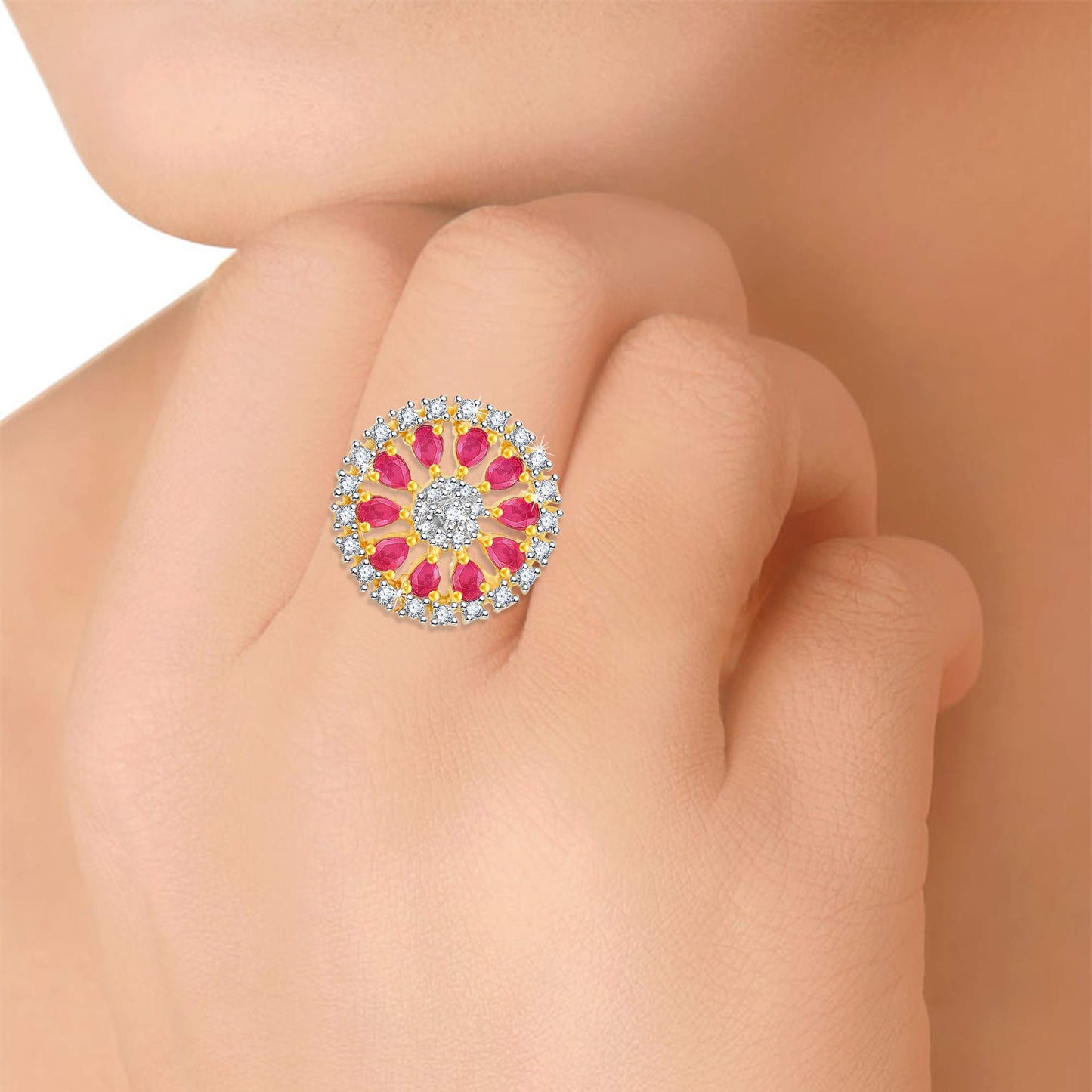 Yellow Chimes Premium A5 Grade American Diamond 18K Gold Plated Traditional Adjustable Ring for Women & Girls