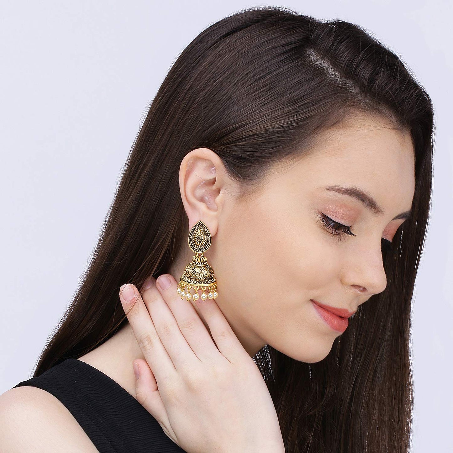 Yellow Chimes Traditional Jhumka/Jhumki Earrings Temple Jewellery Artistic Crafted Antique Oxidized Matte Gold Plated Pearl Earrings for Womens & Girls