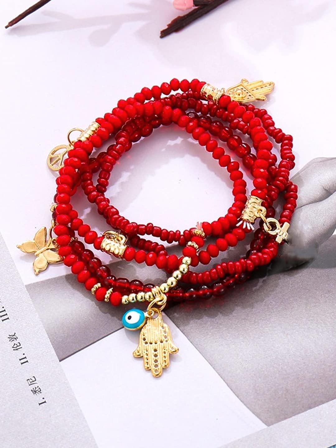Yellow Chimes Bracelet for Women and Girls Evil Eye Nazariya Bracelets for Women | 4 Pcs Black Beads Layered Bracelet | Birthday Gift For girls and women Anniversary Gift for Wife
