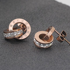 Kairangi Earrings for Women Western Rose Gold Plated Stainless Steel Roman Numericals Engraved Crystal Statement Drop Earrings for Women and Girls.