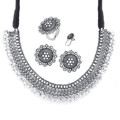 Yellow Chimes Classic German Silver Oxidised Crafted Traditional Choker Necklace Set With Earring Jewellery Set Jewellery Set for Women (Osidized Silver) (YCTJNS-32OXDCHK-SL)