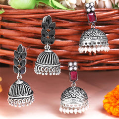 Kairangi Oxidised Earrings for Women 2 Pairs Silver Oxidised Black Pink Traditional Jhumka Earrings combo for Women and Girls.