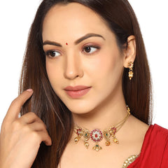 Yellow Chimes Jewellery Set For Women Gold Plated Crystal Studded Floral Designed Traditional Choker Necklace Set with Earrings For Women and Girls