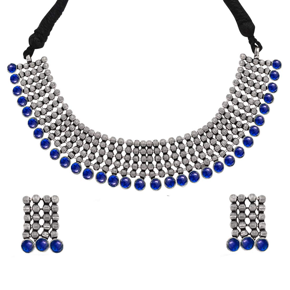 Yellow Chimes Classic German Silver Oxidised Jewellery Set Designer HandCrafted Traditional Choker Necklace Set for Women & Girls (Blue)